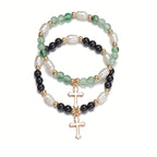 2pcs Cross Alloy Pendant Contrast Color Beaded Bracelet For Women