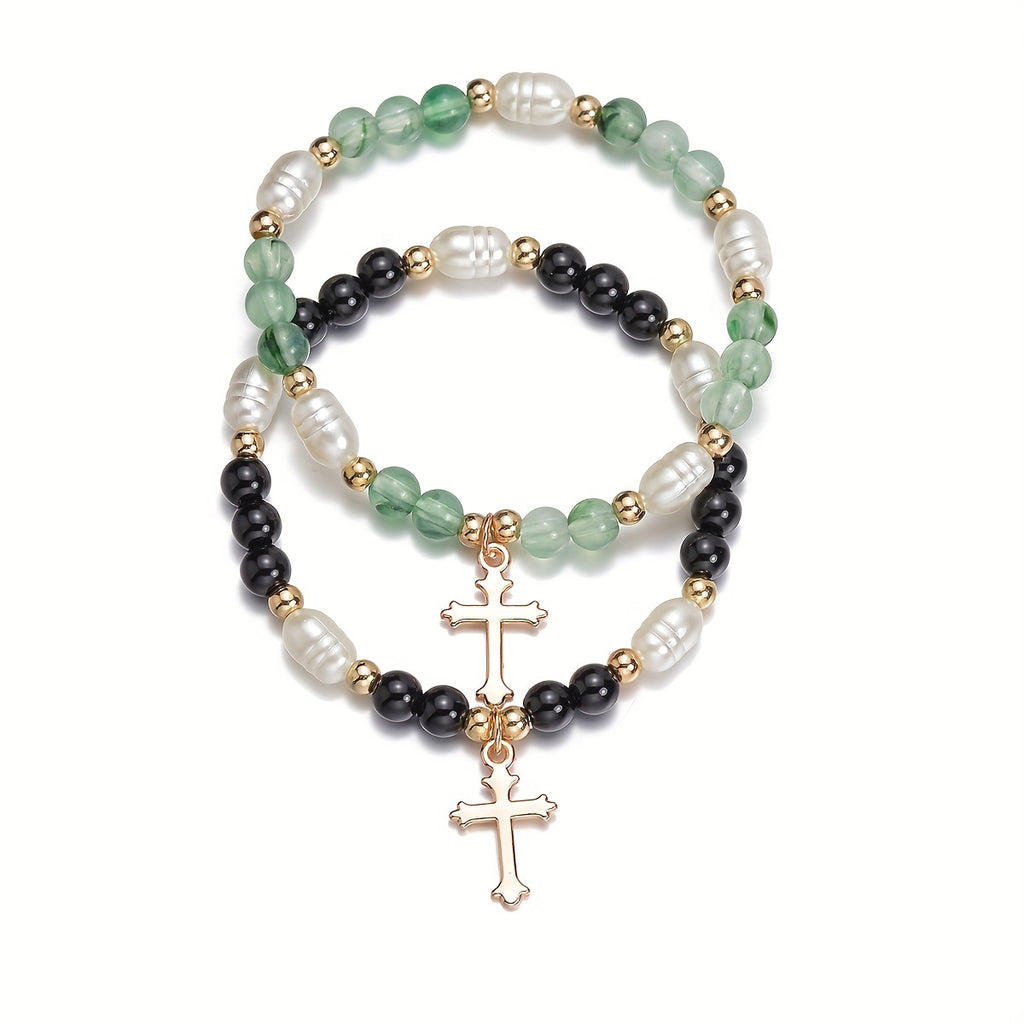 2pcs Cross Alloy Pendant Contrast Color Beaded Bracelet For Women