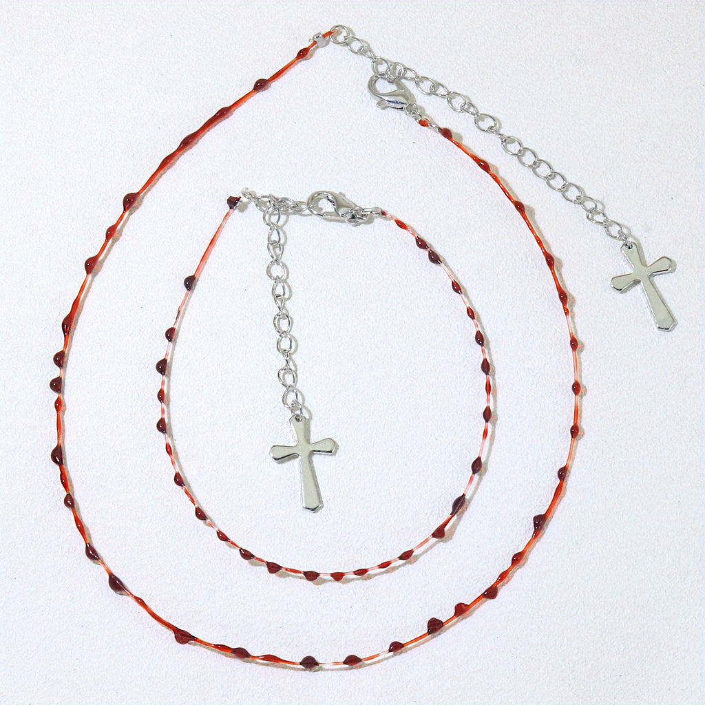 2pcs Necklace Plus Bracelet Gothic Style Jewelry Set Trendy Cross Pendant Blood Drop Design Match Daily Outfits Perfect Halloween Decor