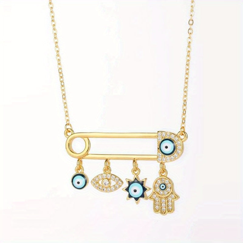 18K Gold Plated Evil's Eye Rhinestone Hamsa Hand & Safety Pin Charm Lucky Choker, Mexican Neck Jewelry For Women Girls
