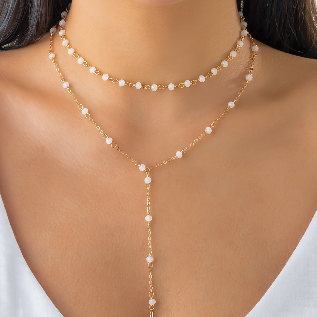 Vintage-Inspired Y-Shape Necklace with Crystal Beads - A Stunning Statement Collar for Bikinis!