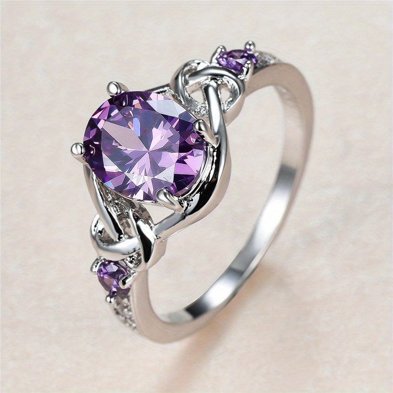 Elevate Your Romance with Mystic Cross Design Oval Cut Purple Zircon Ring - Perfect for Bride Engagement and Romantic Occasions - Women's Elegant Costume Jewelry
