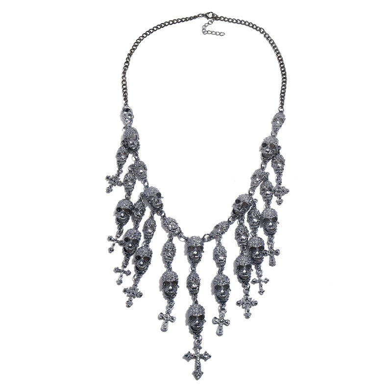 Make a Bold Statement with this Stylish Big Skull Cross Tassel Necklace