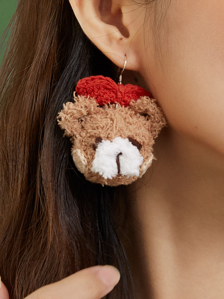 LB Hand Crochet "Teddy Bear" Earrings "Bow Bear" Ear Clip LOJL91