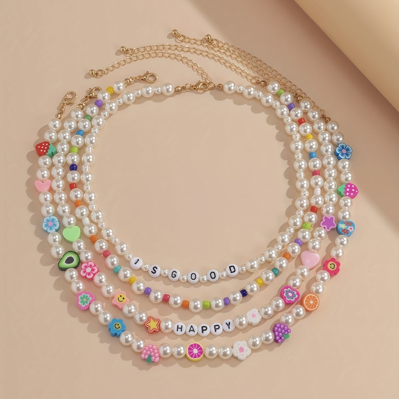 4pcs/Set Pink Strawberry Soft Pottery Letter Faux Pearl Beads Multilayer Necklace (Fruit Love Flower Color Flower Type Random)