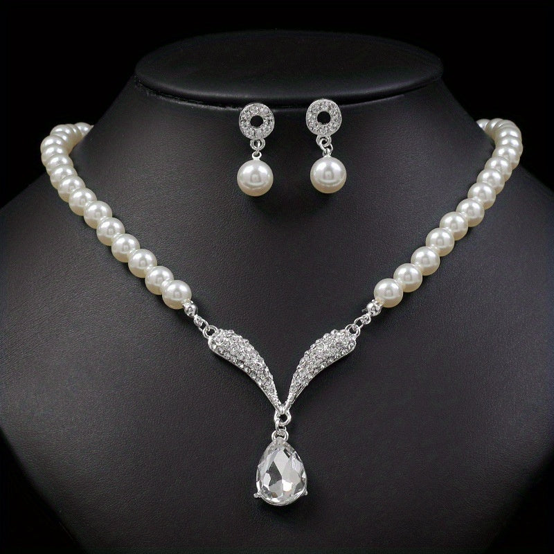Elegant Faux Pearl Necklace and Earrings Set for Women - Perfect Bridal Dress Accessory in Golden and Silver Alloy