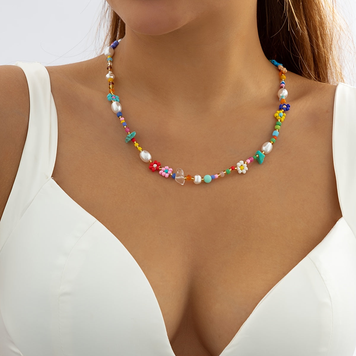 Gorgeous Floral Flower Choker Necklace - Colorful Rice Beads Holiday Jewelry for Women & Girls