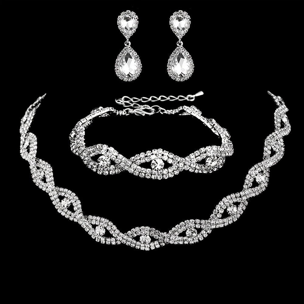 Elegant Wedding Jewelry Set with Sparkling Synthetic Gems - Choker Necklace, Water Drop Earrings, and Chain Bracelet - Perfect for Bridesmaids and Special Occasions
