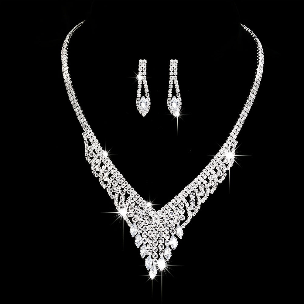 Elegant Wedding Jewelry Set with Shimmering Rhinestone V-Necklace and Dangling Earrings for Brides
