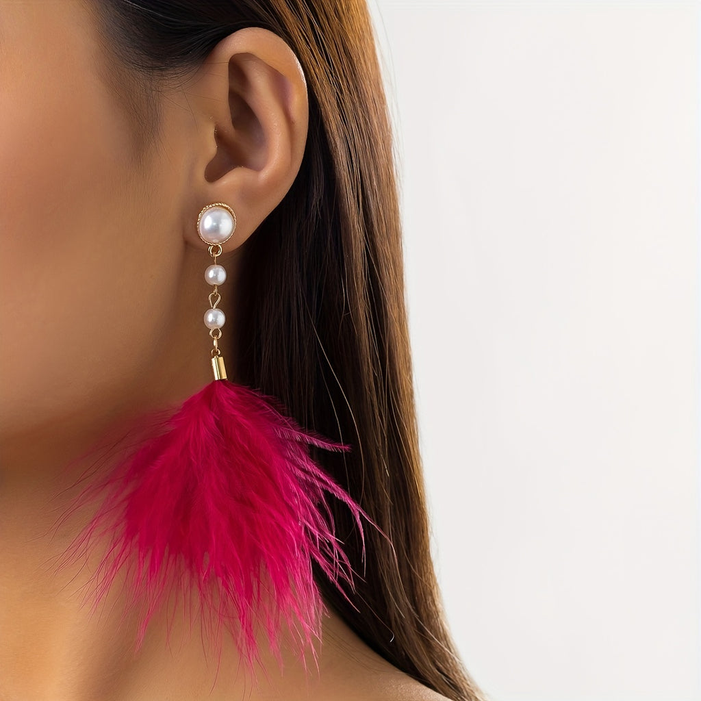 Long Feather Faux Pearl Decor Dangle Earrings Bohemian Vocation Style Trendy Female Gift Daily Casual