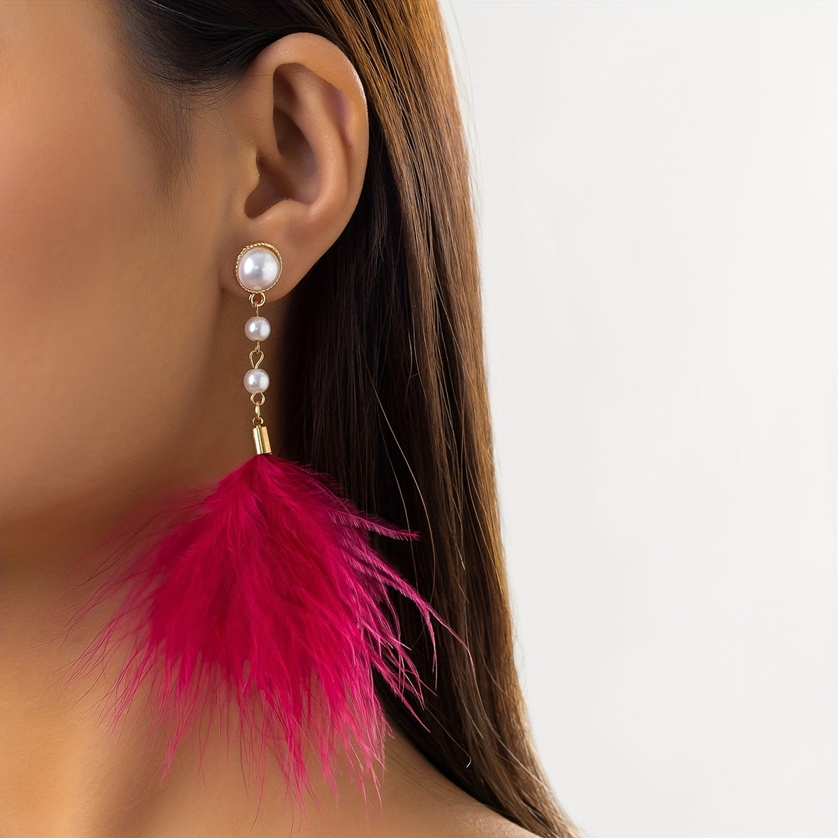Long Feather Faux Pearl Decor Dangle Earrings Bohemian Vocation Style Trendy Female Gift Daily Casual