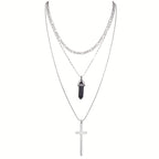 Punk Metal Style Alloy Cross Rhombus Gemstone Pendant Multilayer Stacking Necklace For Women