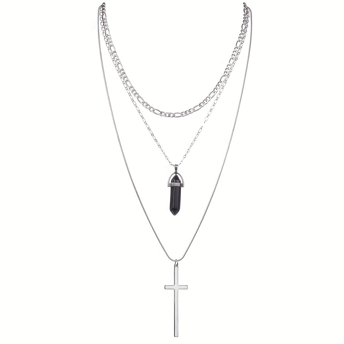 Punk Metal Style Alloy Cross Rhombus Gemstone Pendant Multilayer Stacking Necklace For Women