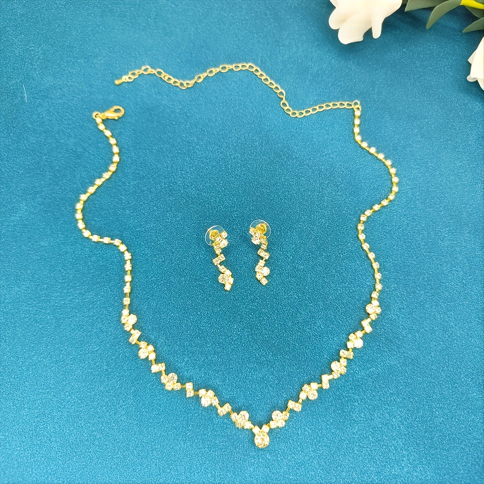 Jewelry Set Charm Necklace & Drop Earrings 2 Pcs Flower Shaped Rhinestones Chain Pendant Adjustable Bridal Jewelry For Women And Girls