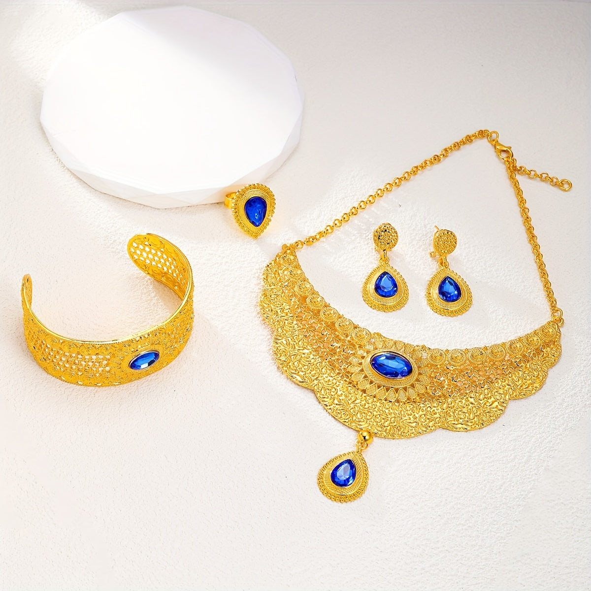 5pcs Necklace Earrings Bracelet Plus Ring Luxury Jewelry Set 18k Gold Plated Adjustable Accessories Stunning Party Accessories