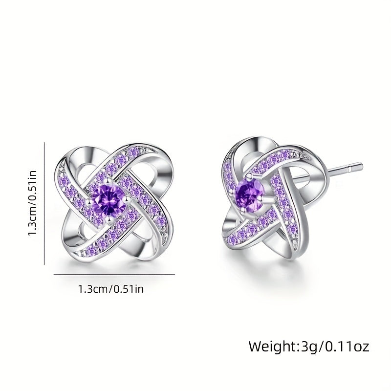 Hollow Silvery Stud Earrings With Purple Shiny Zircon Decor Retro Bohemian Style Zinc Alloy Silver Plated Jewelry Daily Casual