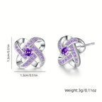 Hollow Silvery Stud Earrings With Purple Shiny Zircon Decor Retro Bohemian Style Zinc Alloy Silver Plated Jewelry Daily Casual