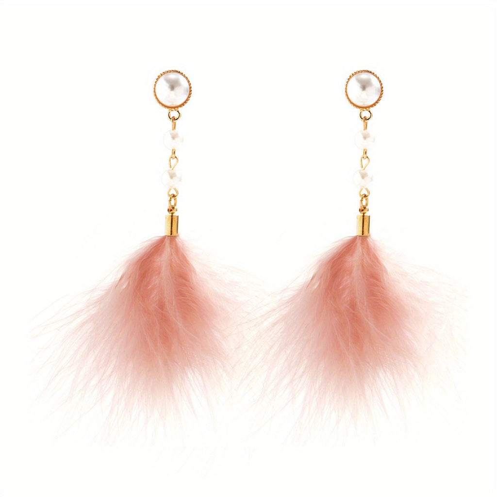 Long Feather Faux Pearl Decor Dangle Earrings Bohemian Vocation Style Trendy Female Gift Daily Casual