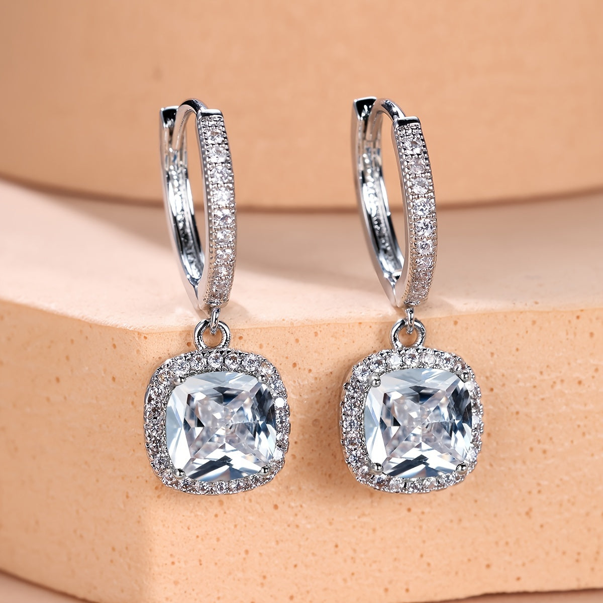 Square Shape Shiny Zircon Decor Dangle Earrings Bohemian Simple Style Copper Jewelry Trendy Female Ornaments