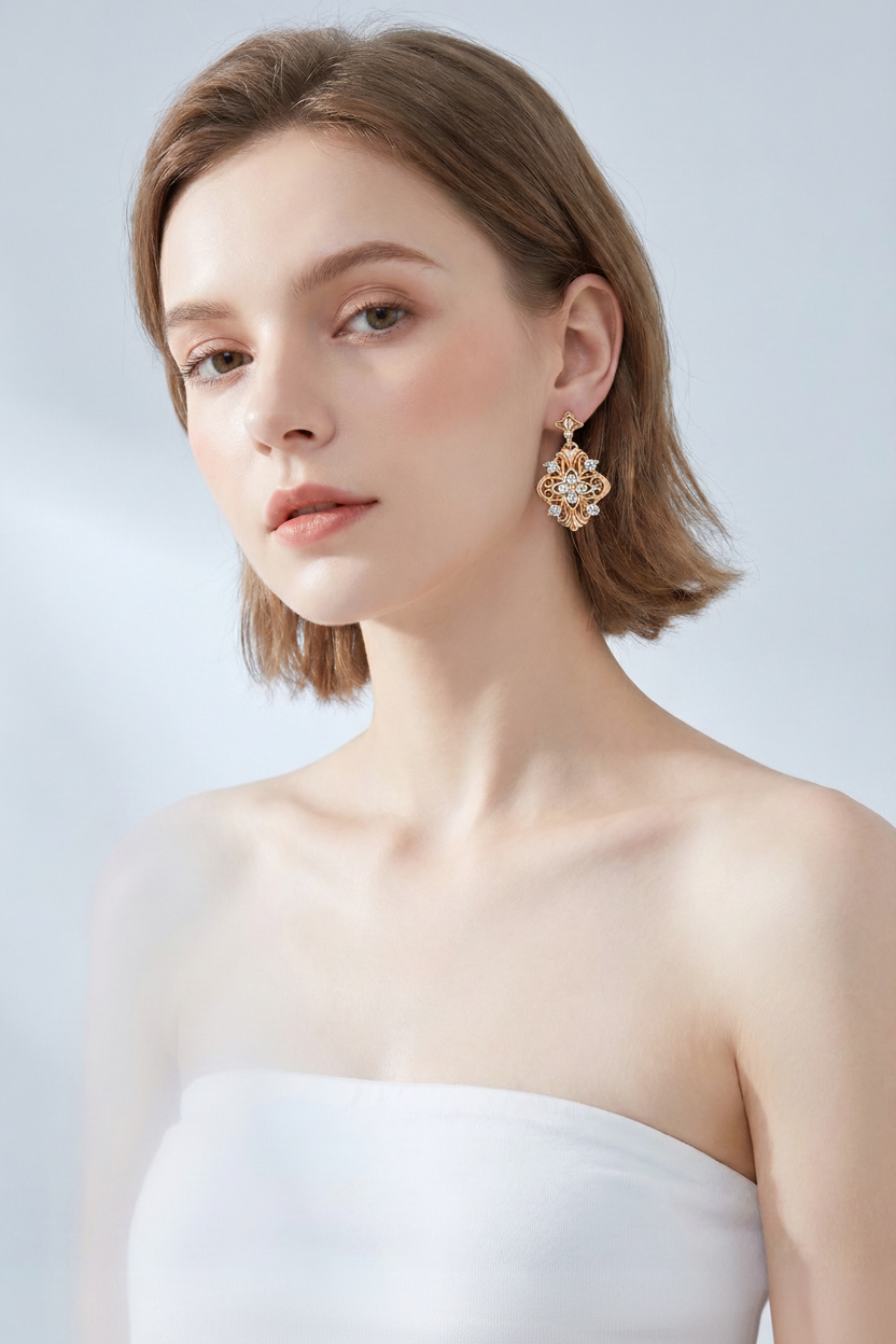 Baroque Court Filigree CZ Earring - Model Shot