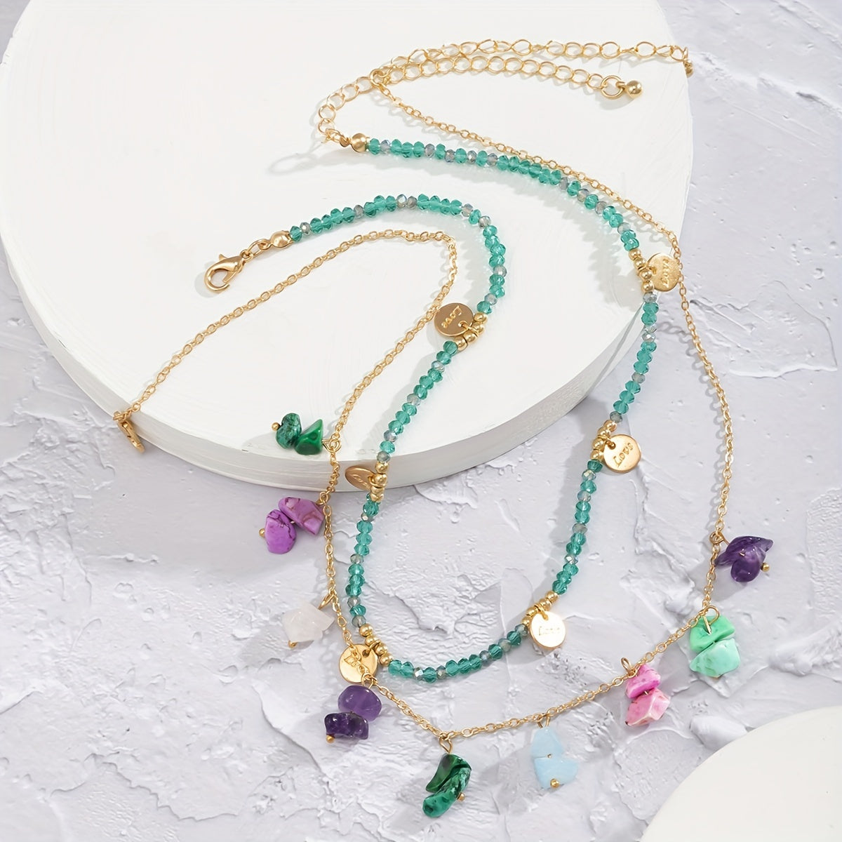 Gorgeous Colorful Crushed Stone Turquoise Sequin Pendant Crystal Beaded Vintage Necklaces - 2pcs