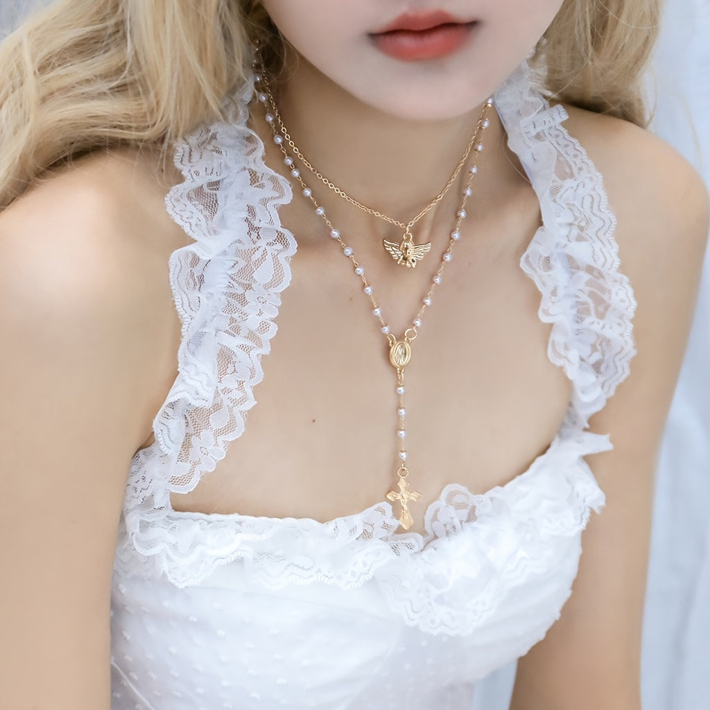 Fashion Vintage Angel Geometric Round Charm Halter 100% Natural Pearls Y Criss Cross Fringe Necklace