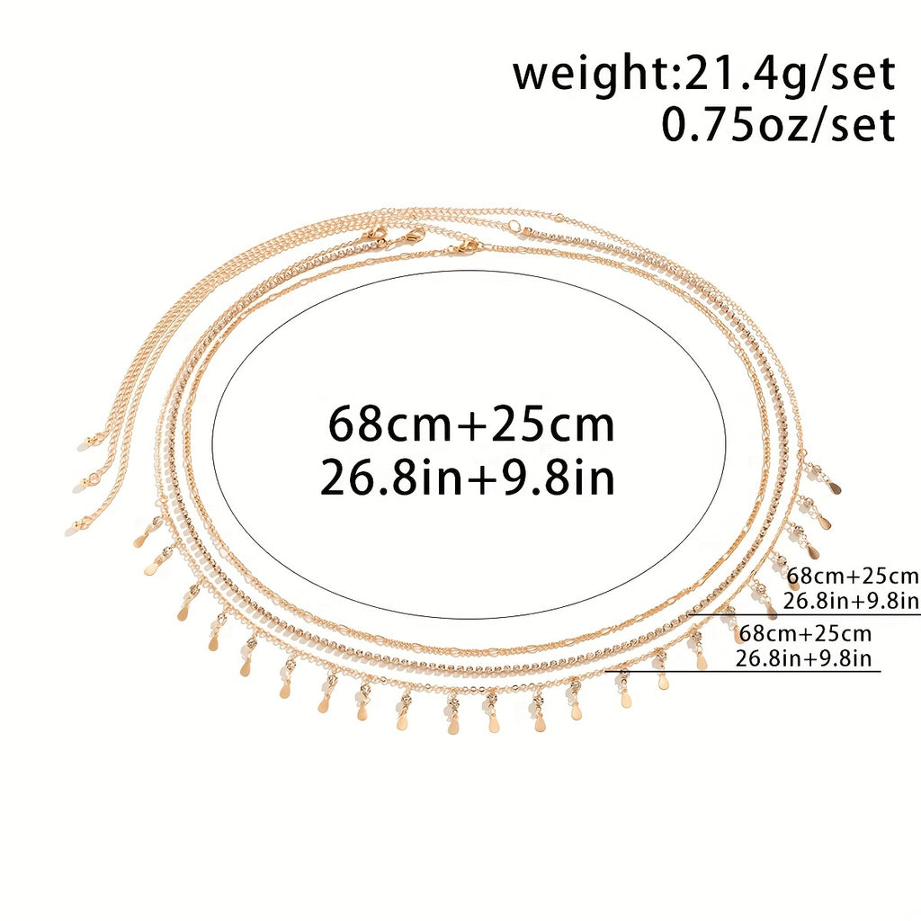 3 Pcs Thin Chain Waist Chain Set Mini Rhinestones Beads Tassel Pendant Body Chain Summer Beach Jewelry For Women Girls