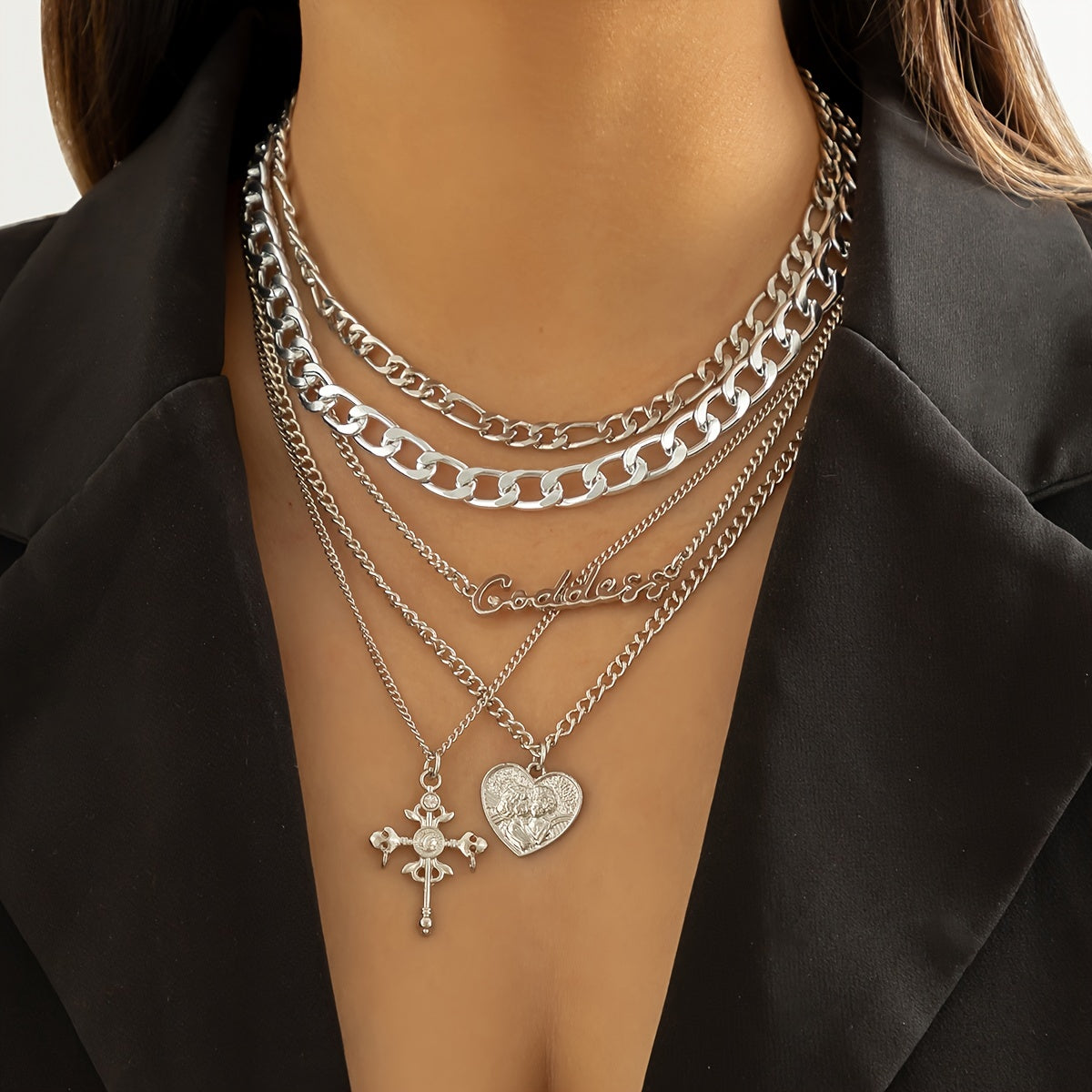 5 Pcs Vintage Stackable Necklace Heart & Cross Shape Pendant Adjustable Necklace Hip Hop Jewelry Set