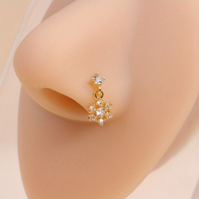 1pc Full Shiny Zircon Snowflake Shape Pendant Nose Nail L-Shaped Ear Cartilage Piercing Body Jewelry Nose Ring