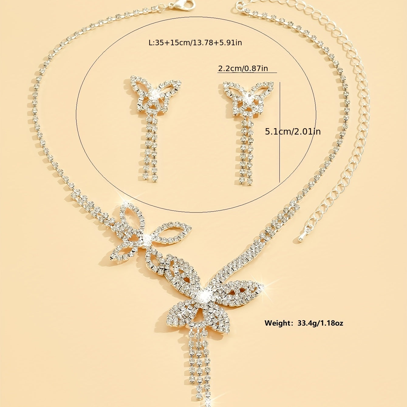 3pcs Earrings Plus Necklace Elegant Jewelry Set Silver Plated Inlaid Rhinestone Cute Butterfly Design Dainty Evening Party Decor For Female