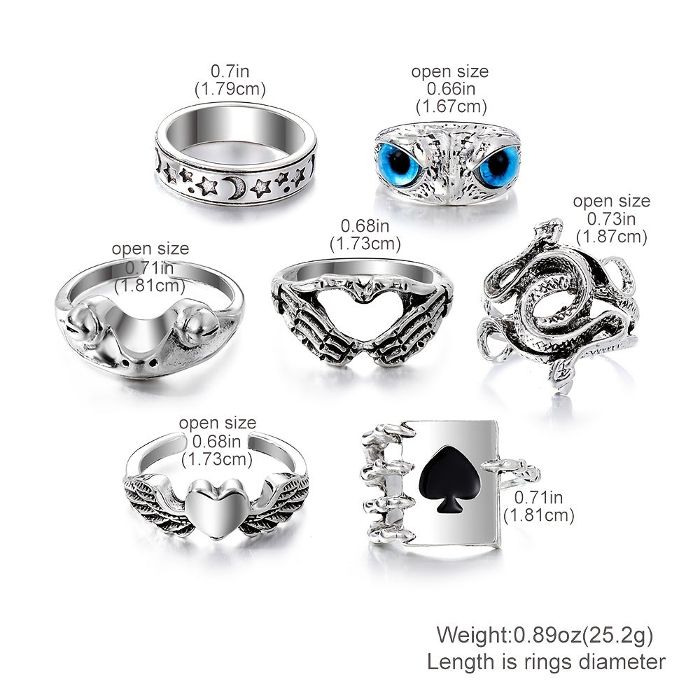 Unleash Your Inner Punk with 7pcs Vintage Silver Color Ring Set Featuring Black Heart, Snake and Owl Patterns for Women's Casual and Party Wear