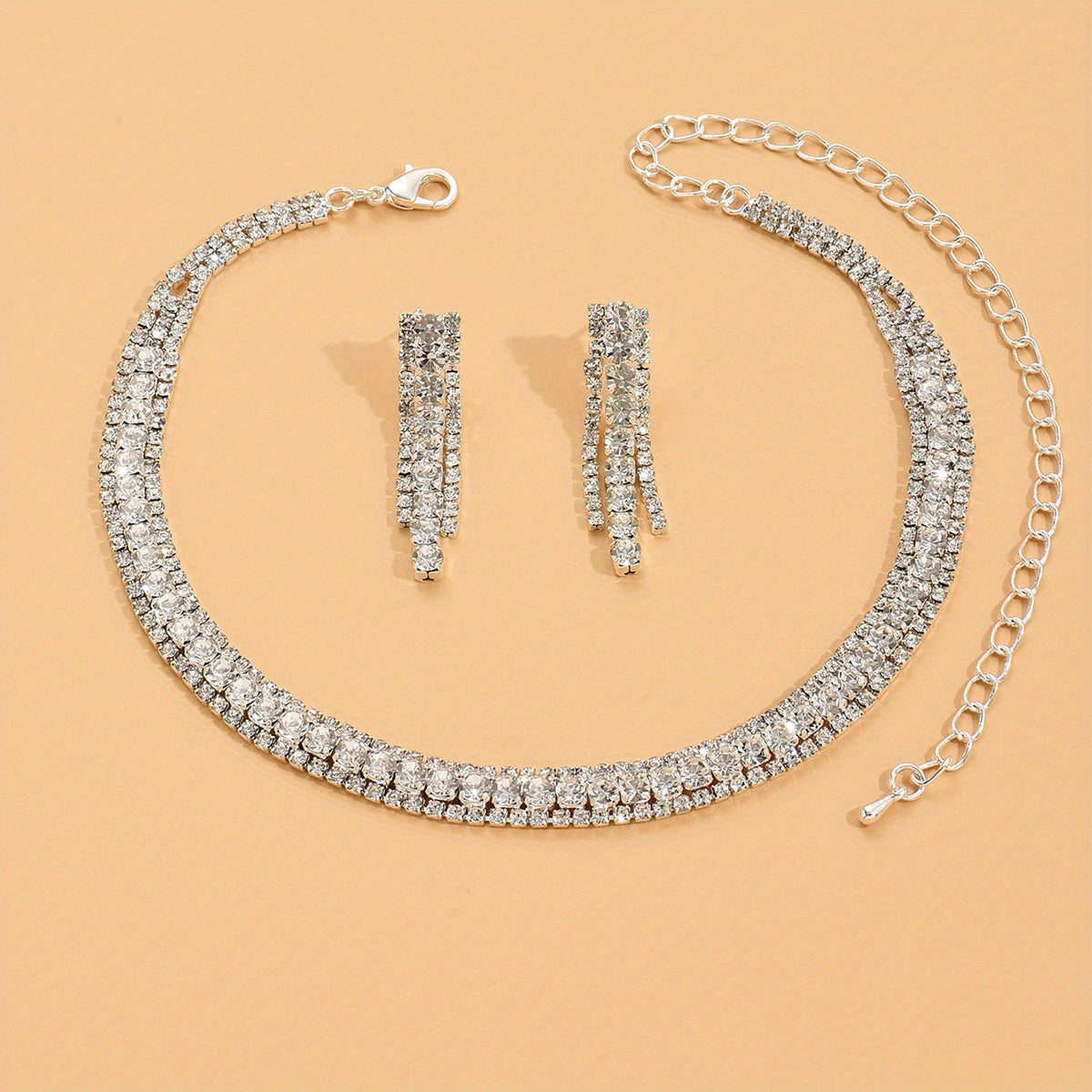 Exquisite Glitter Rhinestone Choker and Tassel Earrings Set - Retro Luxury Design, Silver Plated Fine Jewelry Gift