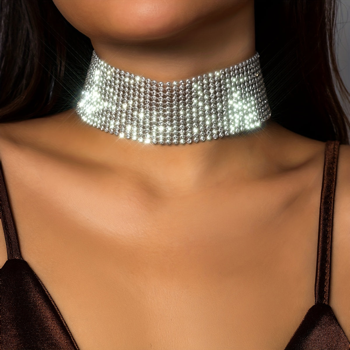 Glitter Sexy Rhinestones Choker Necklace Silver Color Neck Jewelry Banquet Nightclub Decor Ornament
