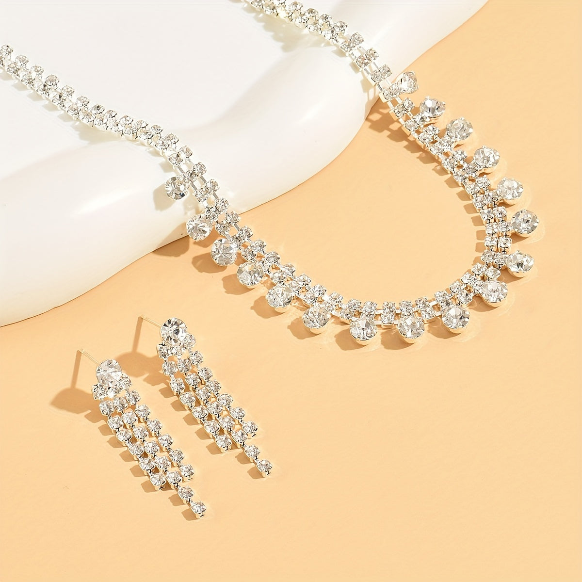 Glitter Claw Chain Rhinestone Necklace & Earrings Jewelry Set, Silver Plated Bridal Jewelry Accessories Ornament