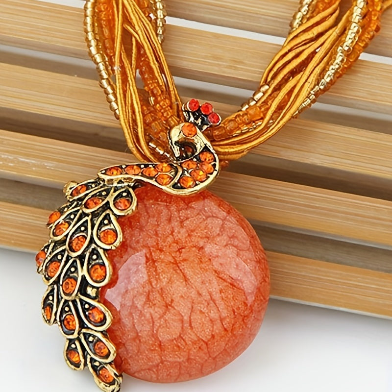 Bohemian Ethnic Style Retro Leaf Peacock Gemstone Pendant Necklace For Women Girls