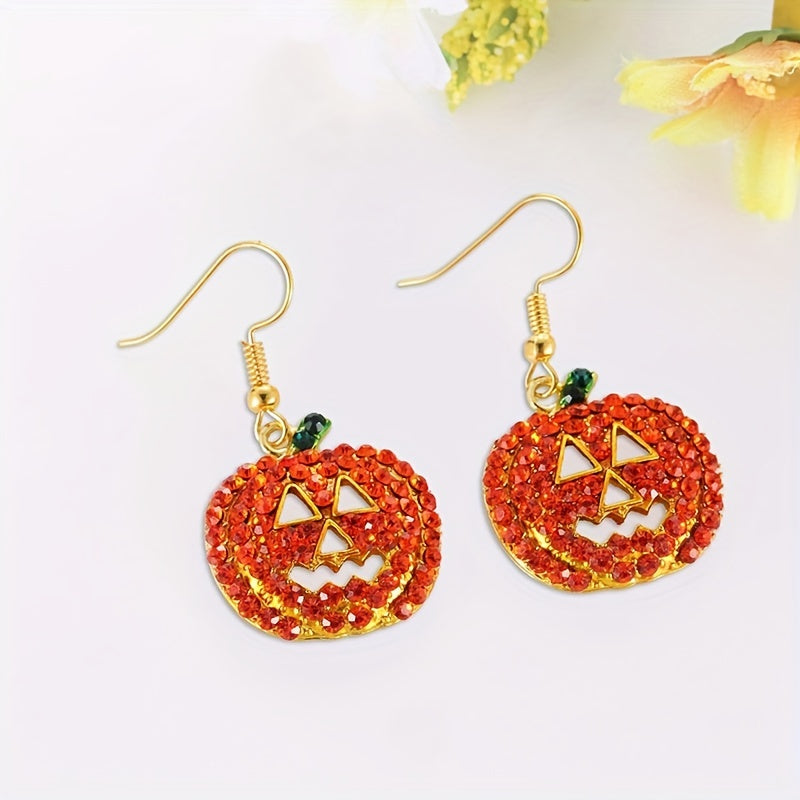 Halloween Pumpkin Design With Orange Shiny Rhinestone Decor Dangle Earrings Retro Simple Style Zinc Alloy Jewelry Female Gift