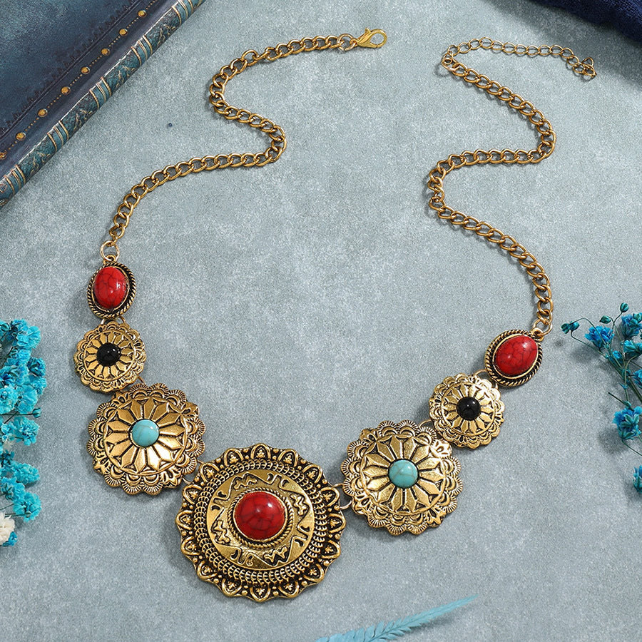 Vintage Native Green Flower Embedded Resin Necklace Earrings Set - Perfect for Summer!
