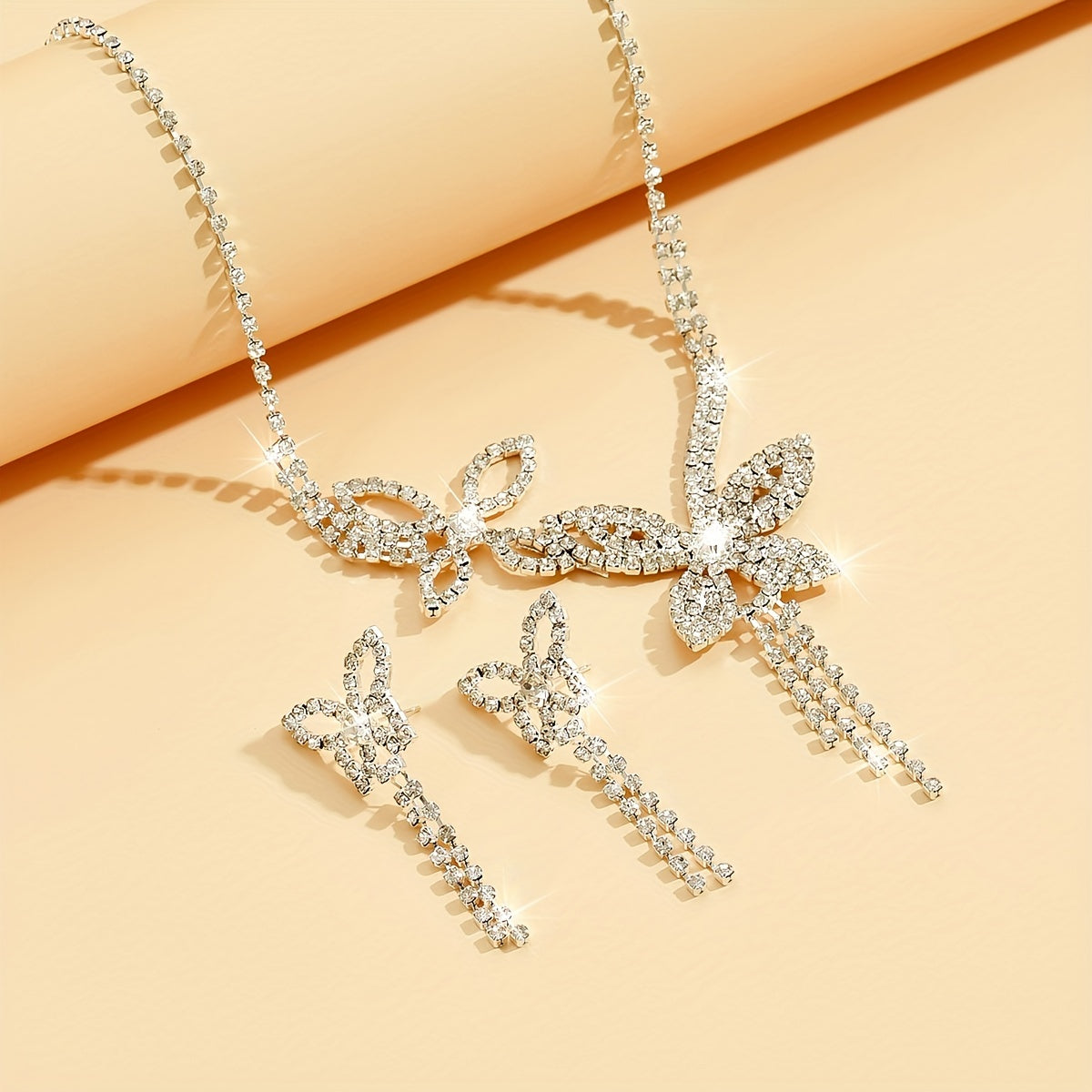 3pcs Earrings Plus Necklace Elegant Jewelry Set Silver Plated Inlaid Rhinestone Cute Butterfly Design Dainty Evening Party Decor For Female
