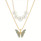 Faux Pearl & Butterfly Charm Layered Necklace For Girls Decorative Accessories Holiday Birthday Graduation Anniversary Party Gift For Girls