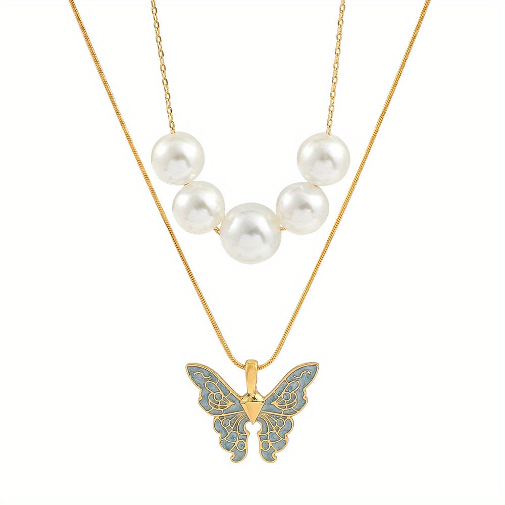 Faux Pearl & Butterfly Charm Layered Necklace For Girls Decorative Accessories Holiday Birthday Graduation Anniversary Party Gift For Girls