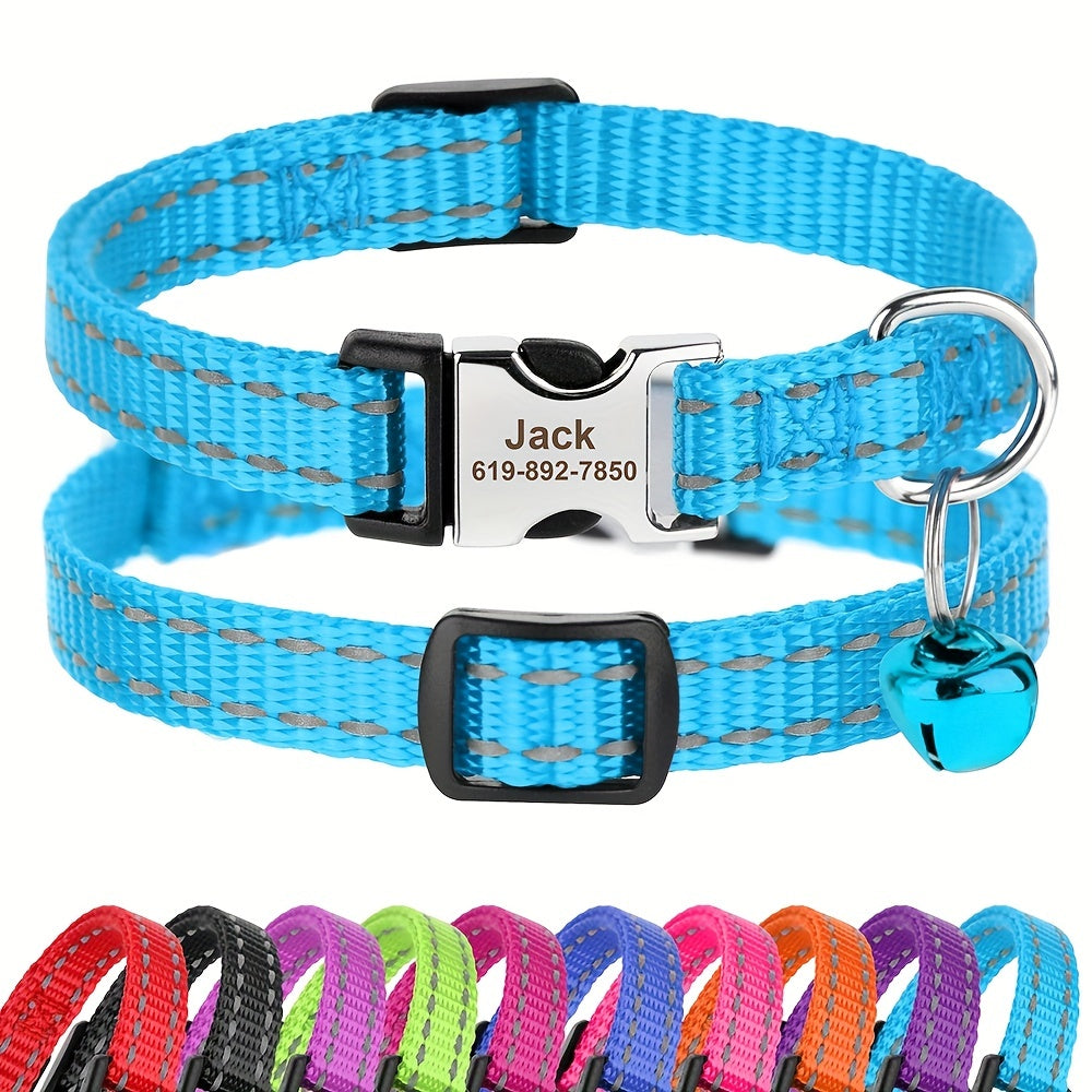 Customized Cat Collars, Adjustable Reflective Colorful Nylon Webbing Cat Collars With Bells, Custom Engraved Buckle Cat Collar With Bell