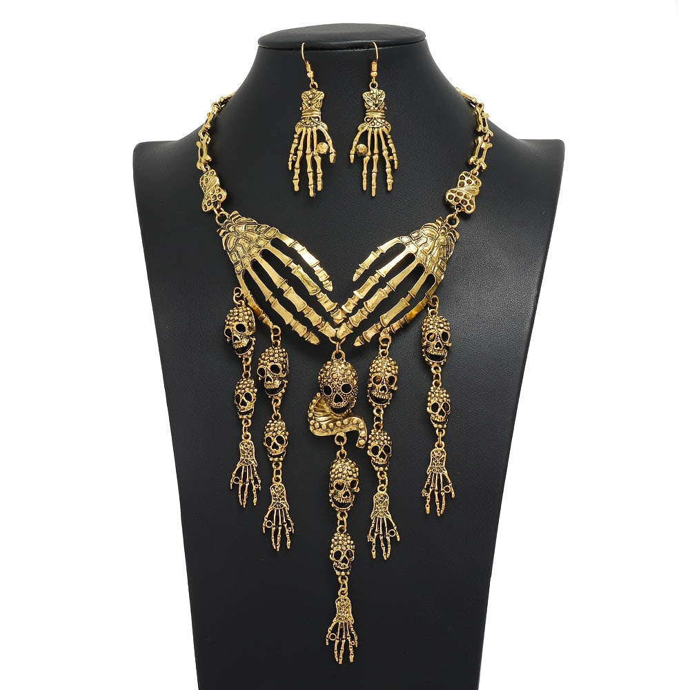 3pcs Earrings Plus Necklace Gothic Style Jewelry Set Trendy Skull Head And Skull Hand Design Golden Or Silvery Make Your Call Halloween Decor