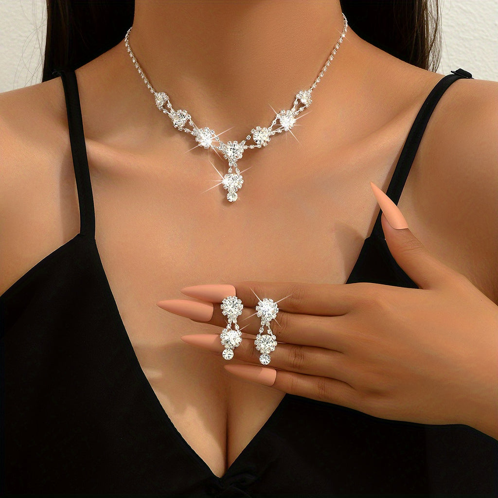 4pcs Necklace Bracelet Plus Earrings Elegant Jewelry Set Silver Plated Inlaid Rhinestone Engagement Wedding Jewelry Evening Party Decor