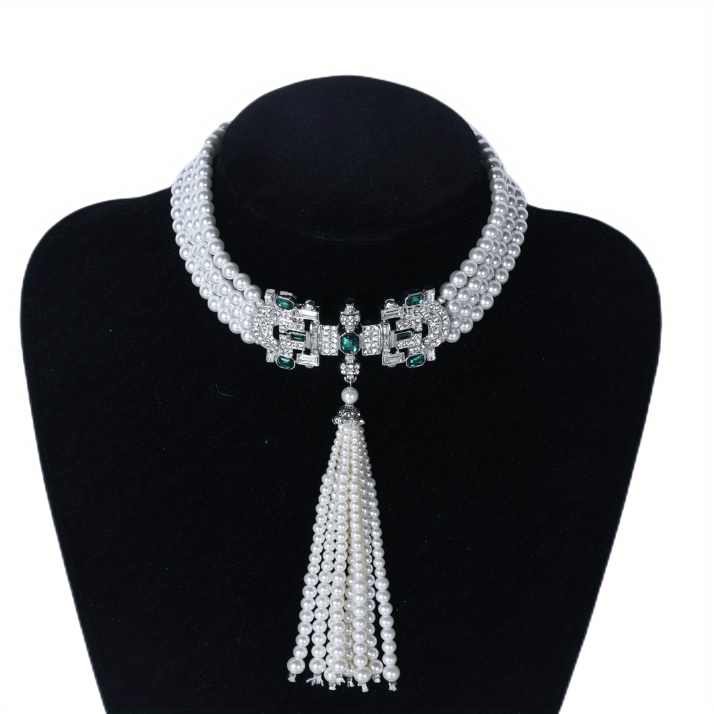 Women's Faux Pearl Chain Tassel Necklace Inlaid Green Crystal Wedding Party Clothing Accessories