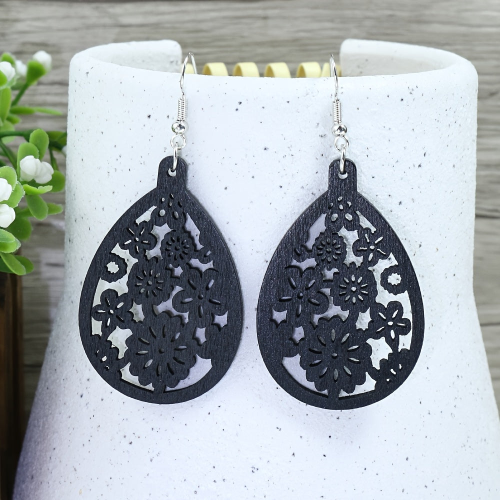 Black Wooden Water Drop Flower Cut Out Charm Vintage Ladies Earrings 1pair