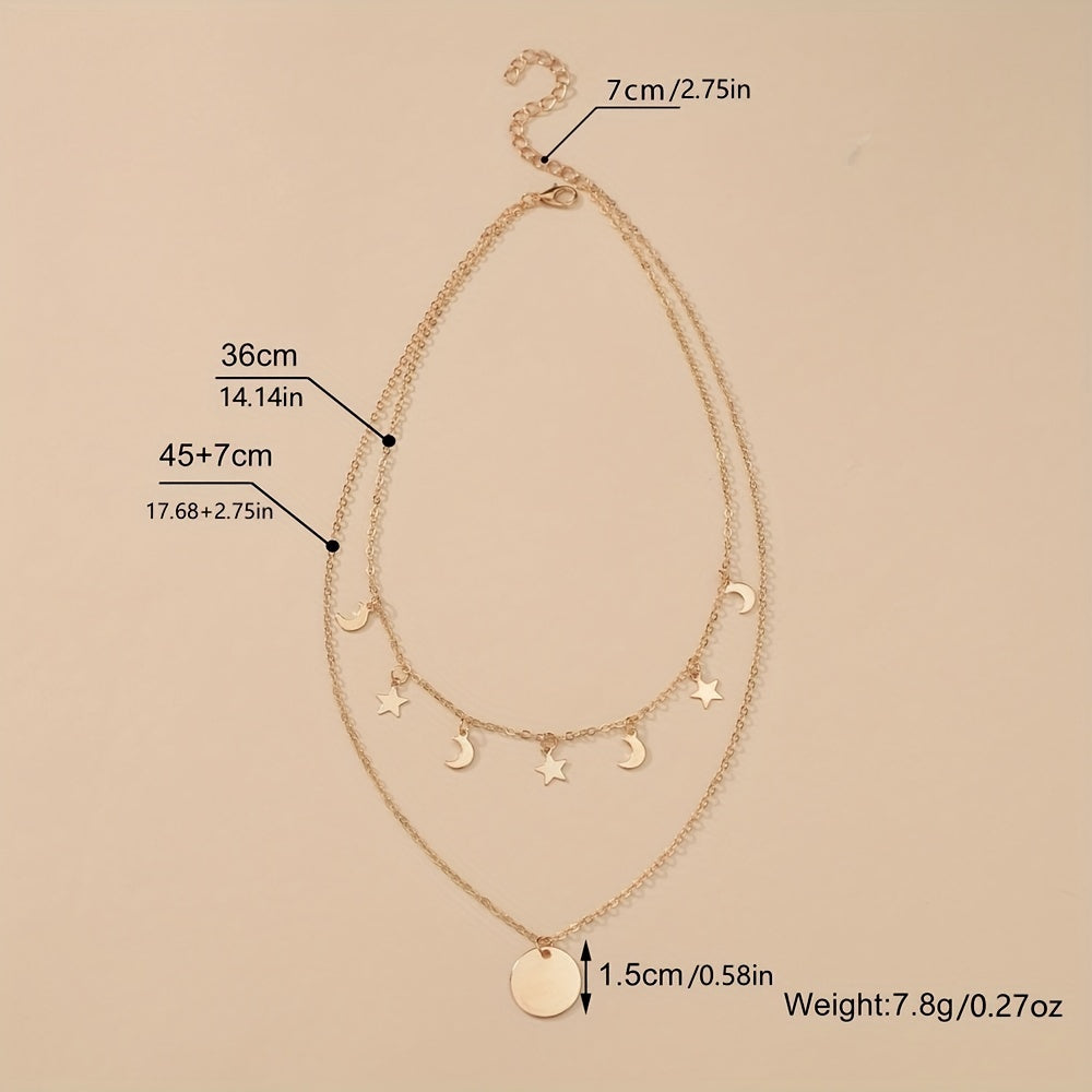 Golden Alloy Round Pendant Double Layer Star & Moon Women's Alloy Necklace