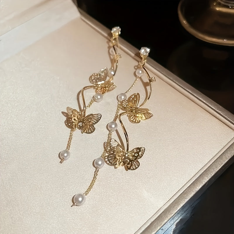 Exquisite Golden Butterfly Long Chain Faux Pearl Decor Dangle Earrings Retro Bohemian Style Zinc Alloy Jewelry Wedding Accessories