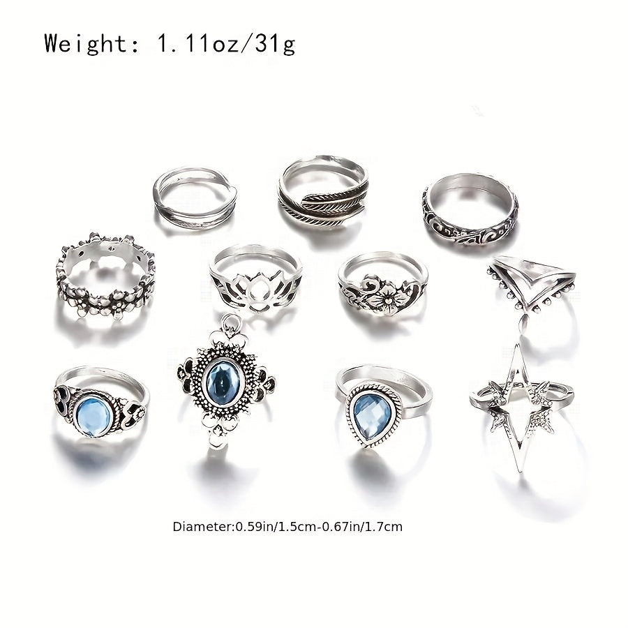 Complete Your Boho Look with our Vintage Carved Starry Gemstone 11pcs Combo Set Rings for Women and Girls - Available in Different Sizes!