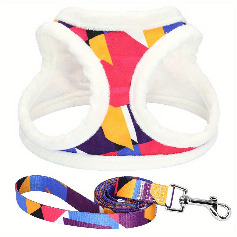 Colorful Printing Dog Harness Set, Soft Comfortable Fleece Lining Adjustable Dog Harness Set For Small And Medium Dogs