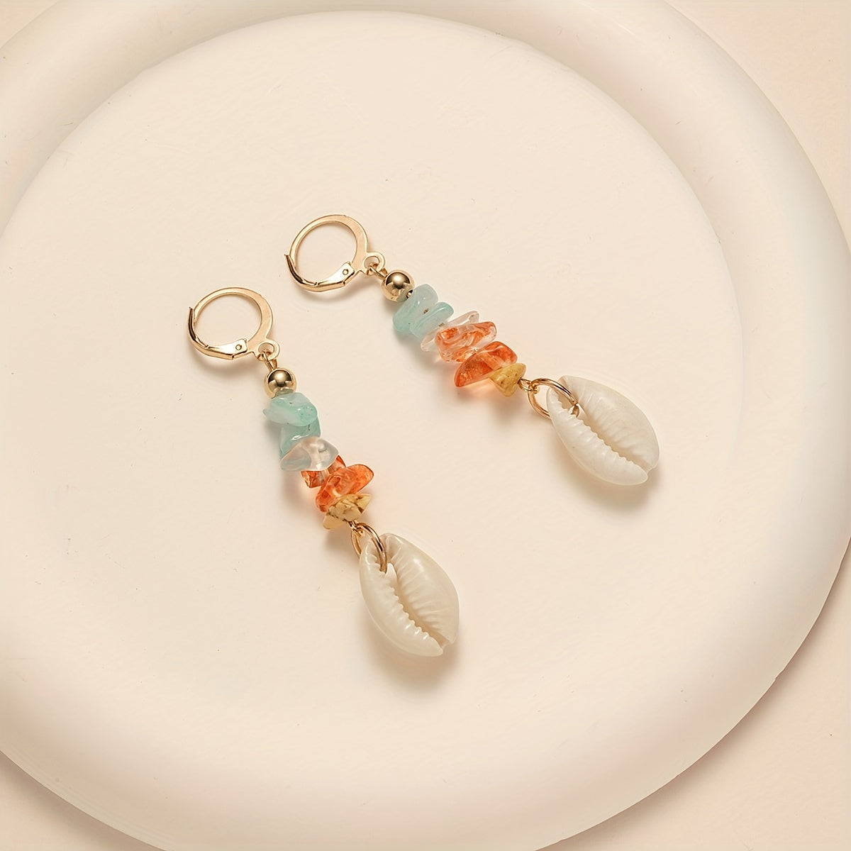 Trendy Vintage Colorful Gravel Shell Dangle Earrings Elegant Style Summer Beach Party Accessories